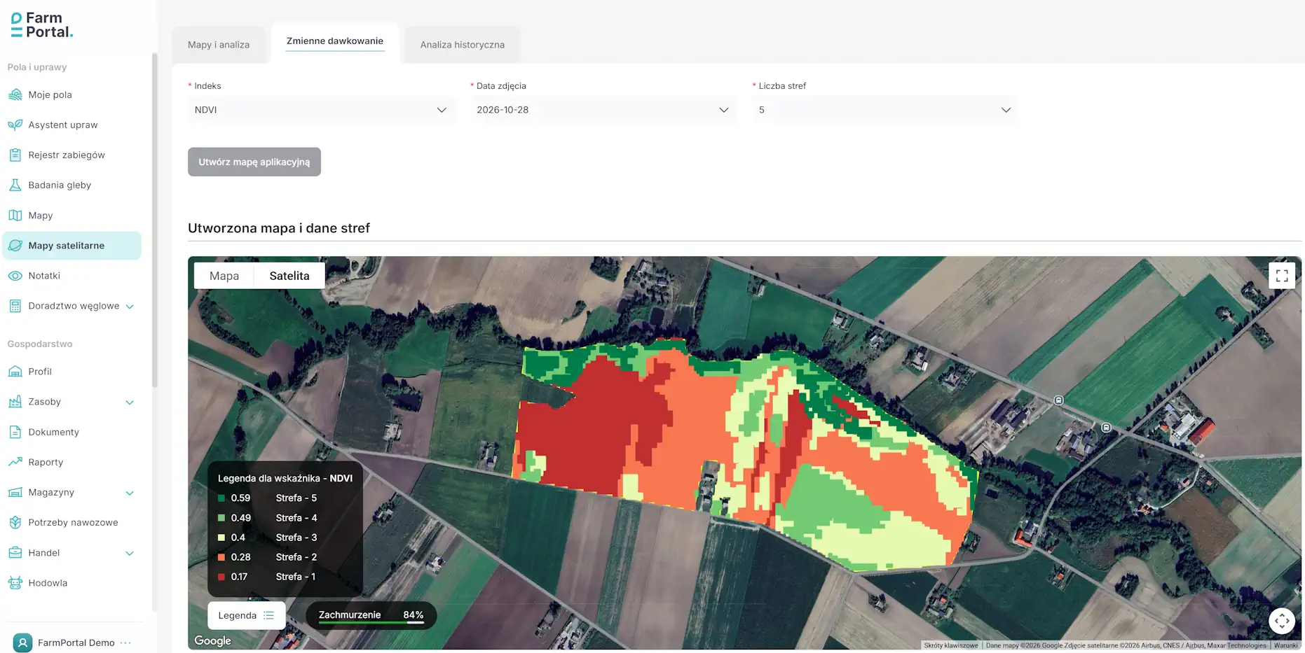 Variable-rate fertiliser application zones in FarmPortal – from 1 to 5 zones.