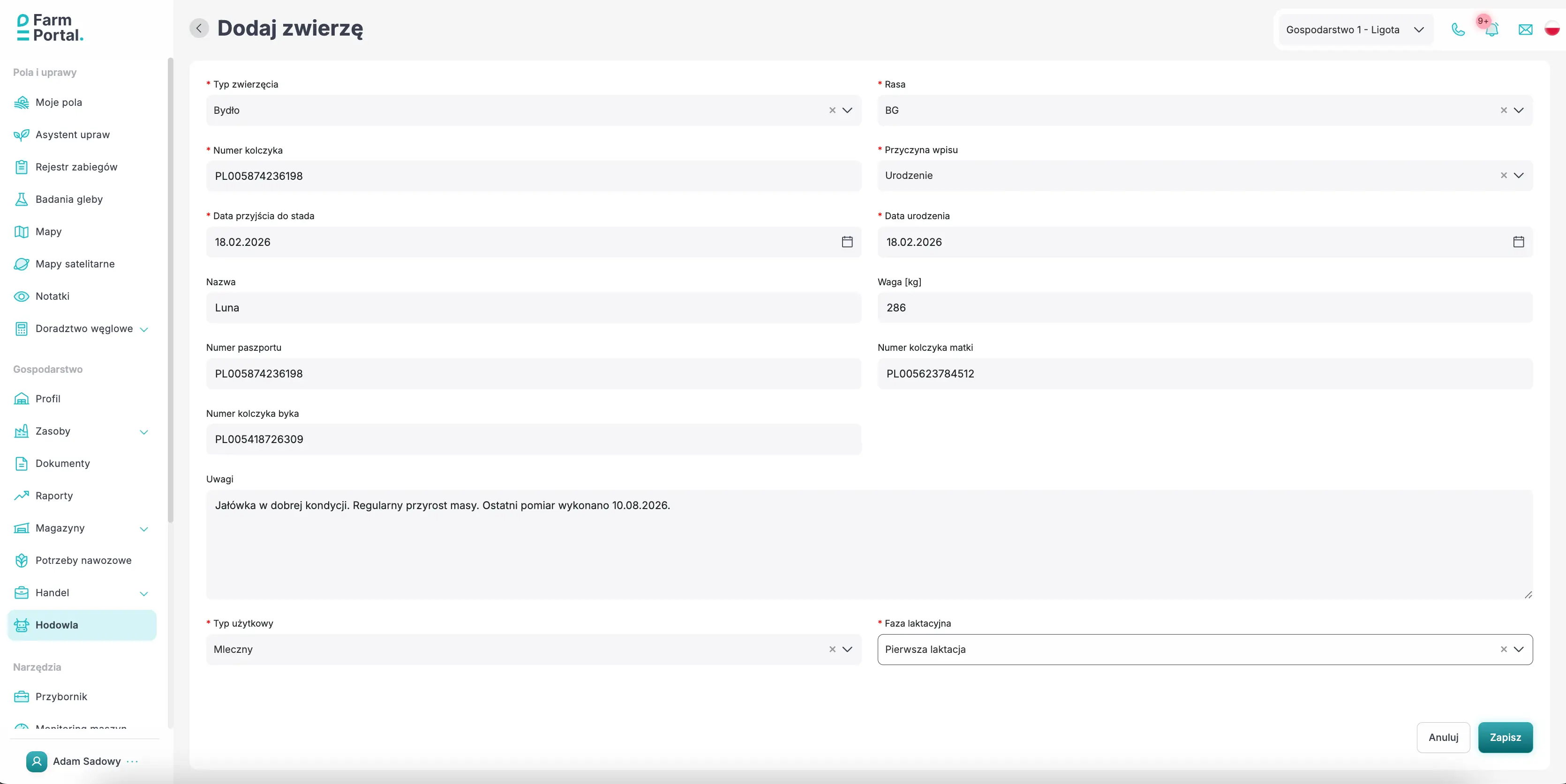 FarmPortal - kartoteka zwierzęcia w module Hodowla