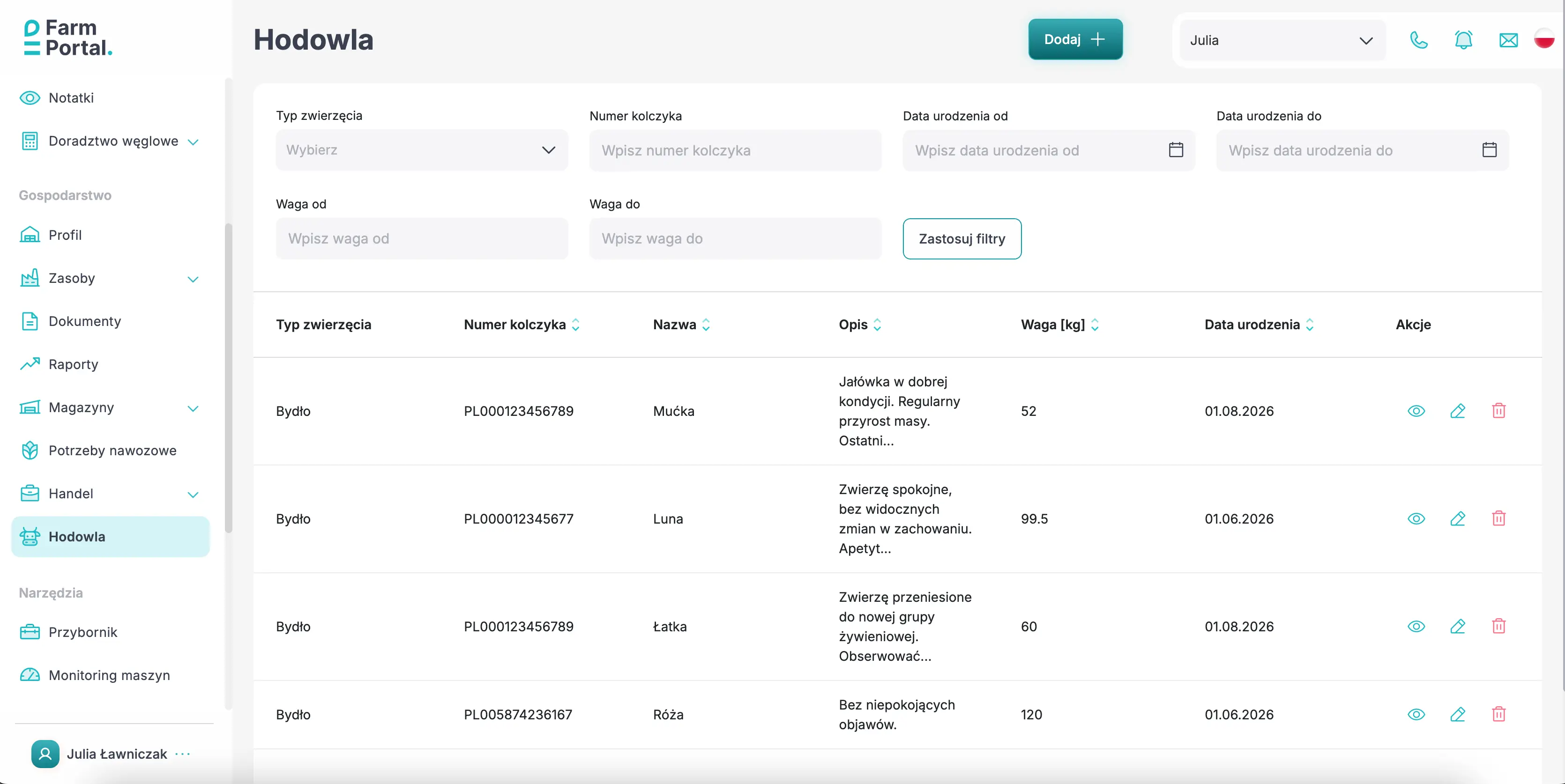 FarmPortal - lista zwierząt w module Hodowla